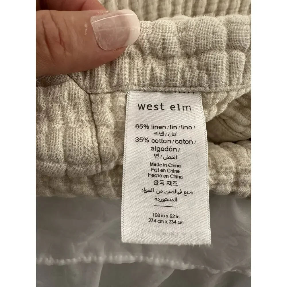 West Elm KING LINEN Cotton Gauze Quilt Blanket Beige European Flax LUXURIOUS